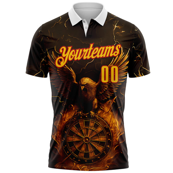 Custom Black Yellow-Red Darts Eagle Fire Dartboard Performance Polo Shirt