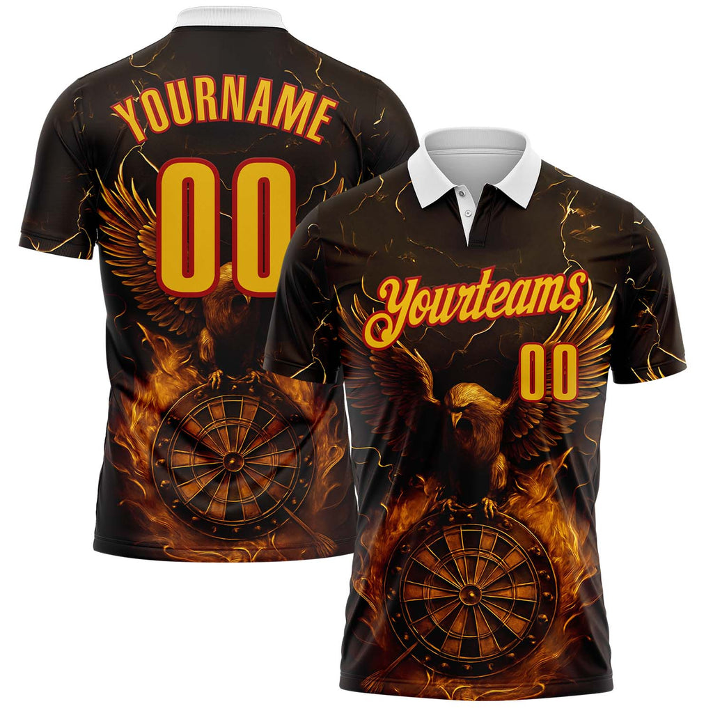Custom Black Yellow-Red Darts Eagle Fire Dartboard Performance Polo Shirt