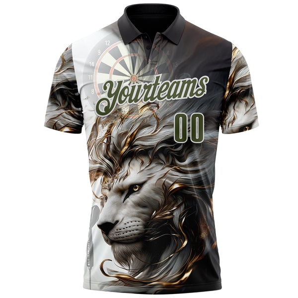 Custom Black Olive Gray-White Darts Lion Dartboard Performance Polo Shirt