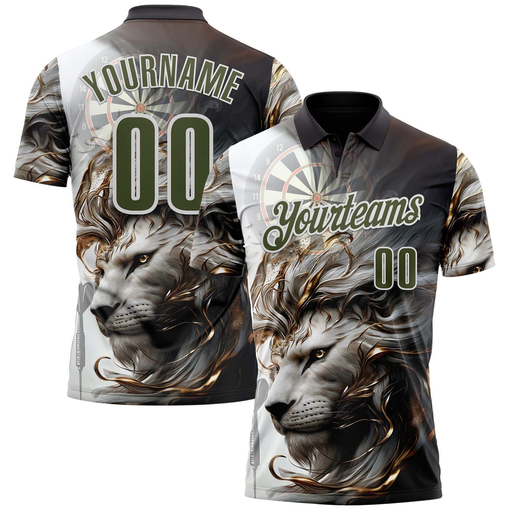 Custom Black Olive Gray-White Darts Lion Dartboard Performance Polo Shirt