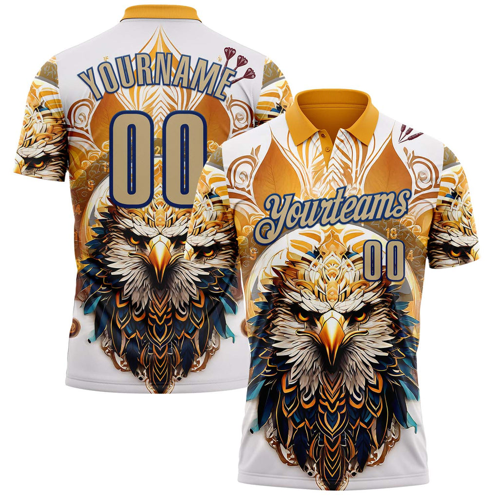 Custom White Vegas Gold Yellow-US Navy Blue Darts Eagle Dartboard Performance Polo Shirt