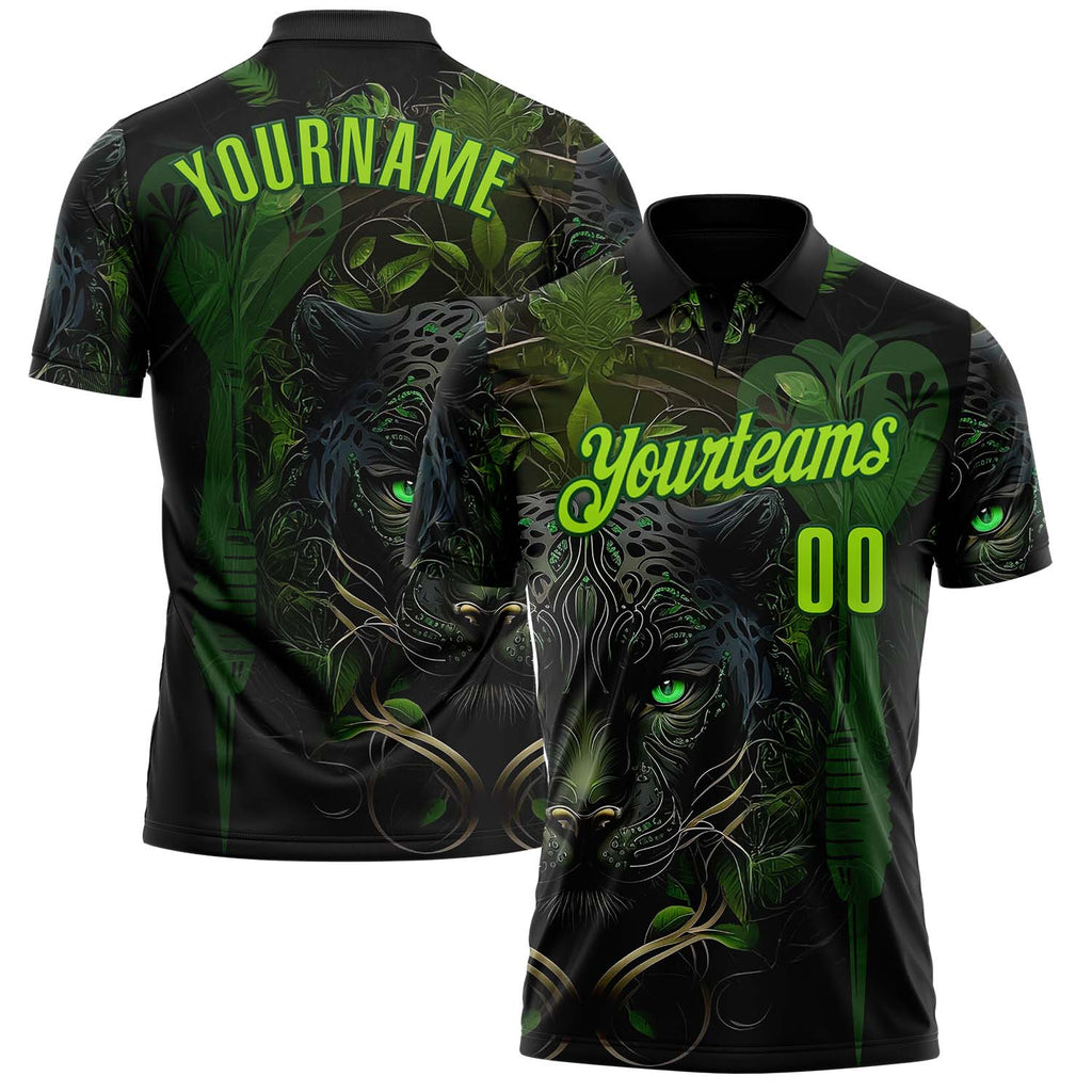 Custom Black Neon Green-Green Darts Panther Dartboard Performance Polo Shirt