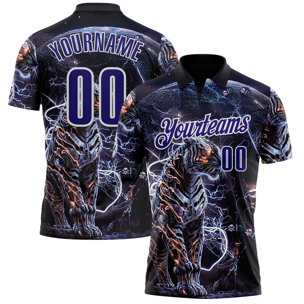 Custom Black Dark Purple-White Darts Lightning Tiger Dartboard Performance Polo Shirt