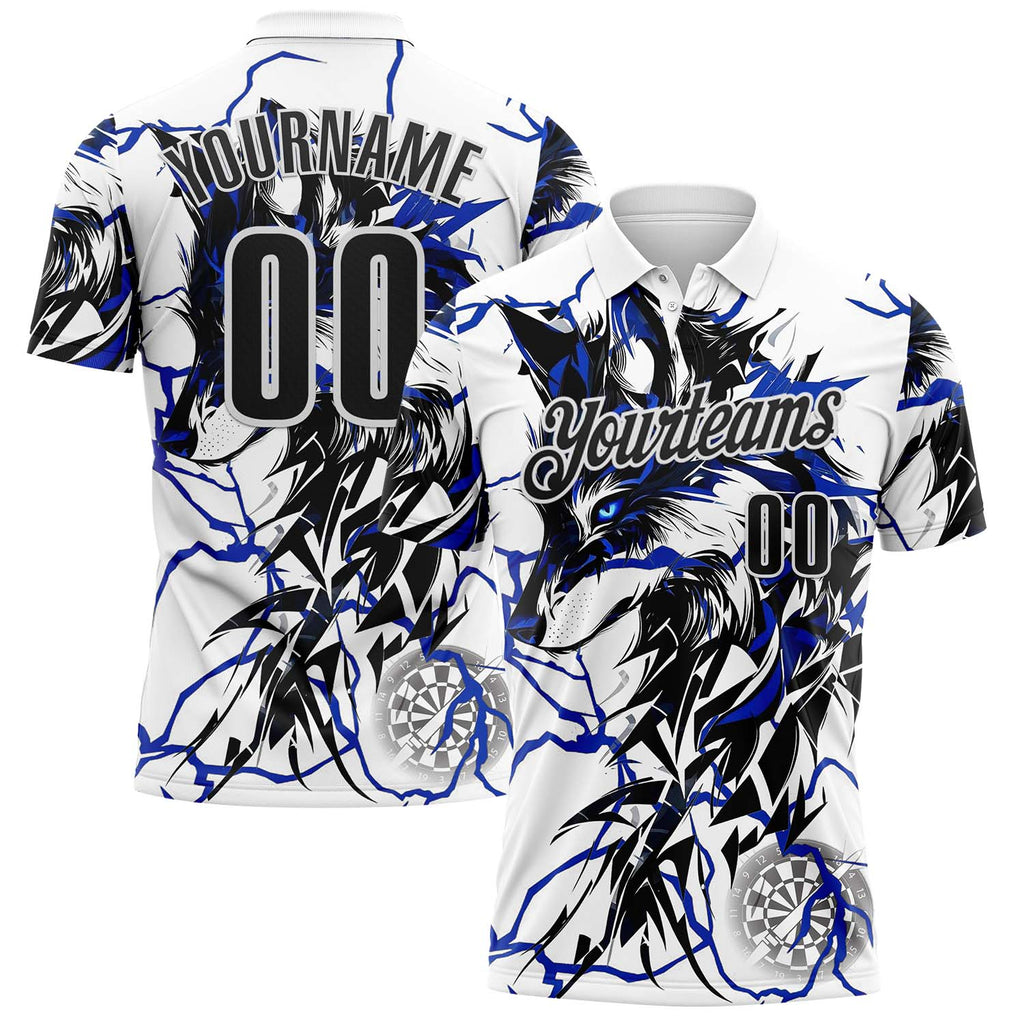 Custom White-Black Darts Wolf Dartboard Performance Polo Shirt
