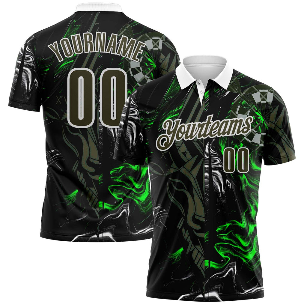 Custom Black Olive Green-White Darts Gothic Deer Dartboard Performance Polo Shirt