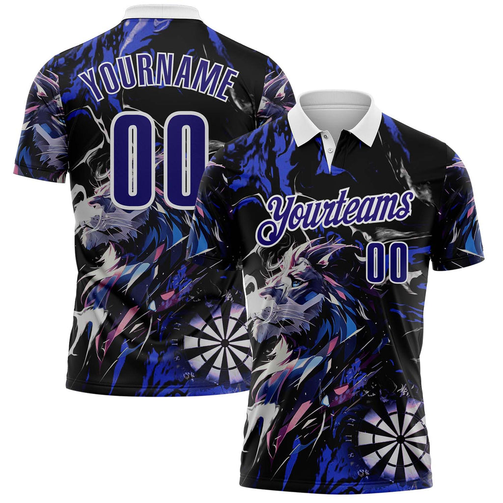 Custom Black Dark Purple-White Darts Lion Dartboard Performance Polo Shirt