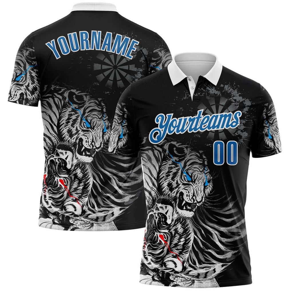 Custom Black Blue-White Darts Tiger Dartboard Performance Polo Shirt