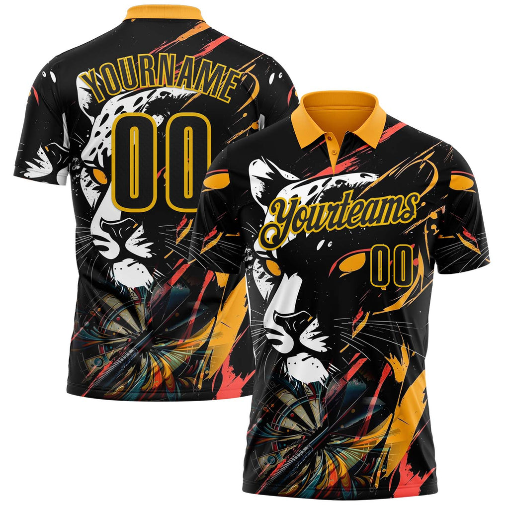 Custom Black-Yellow Darts Leopard Dartboard Performance Polo Shirt