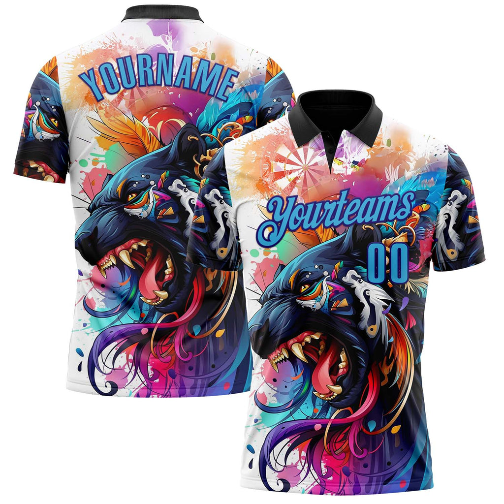 Custom Black Sky Blue-Dark Purple Darts Panther Dartboard Performance Polo Shirt