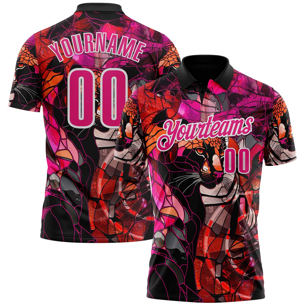 Custom Black Hot Pink-White Darts Panther Dartboard Performance Polo Shirt