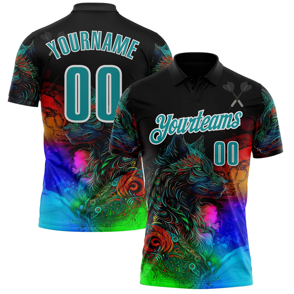 Custom Black Teal-White Darts Wolf Dartboard Performance Polo Shirt
