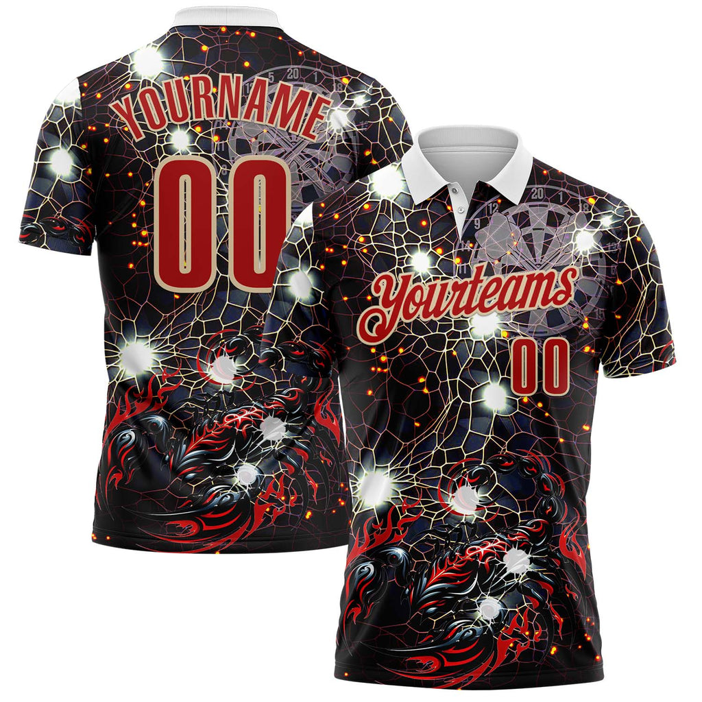 Custom Black Red-City Cream Darts Scorpion Dartboard Performance Polo Shirt