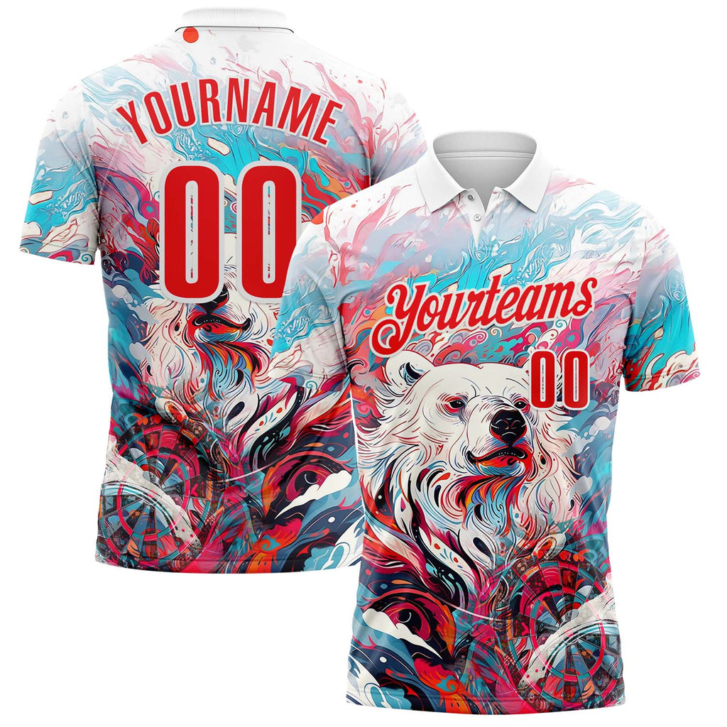Custom White-Fire Red Darts Bear Dartboard Performance Polo Shirt