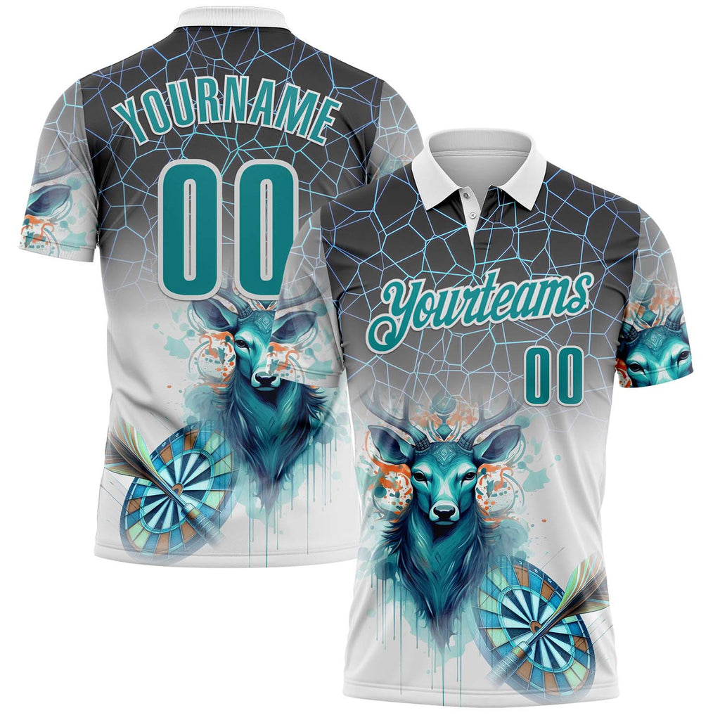 Custom White Teal-Gray Darts Deer Dartboard Performance Polo Shirt