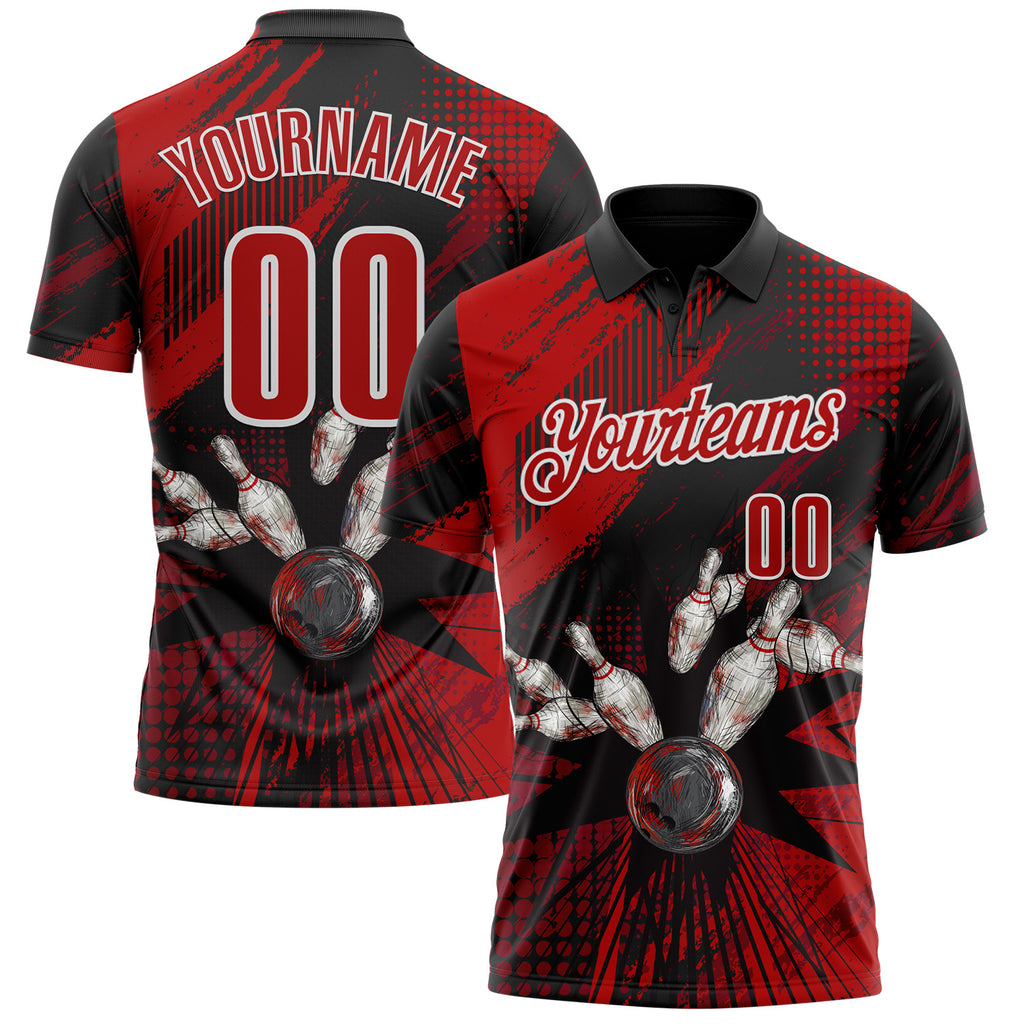 Custom Black Red-White Bowling Ball And Pins Strike Performance Polo Shirt