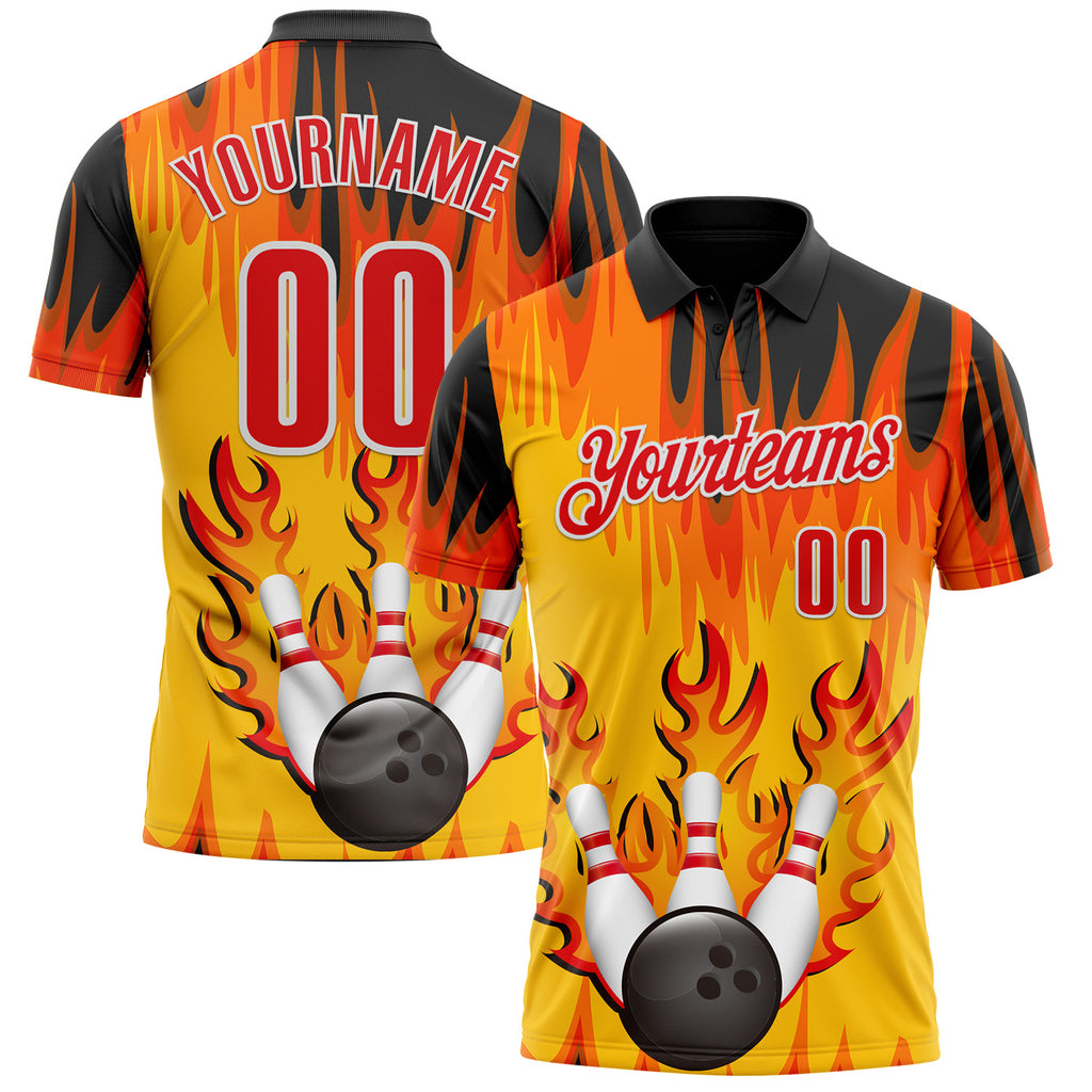 Custom Yellow Fire Red Black-White Bowling Ball And Pins Flame Performance Polo Shirt