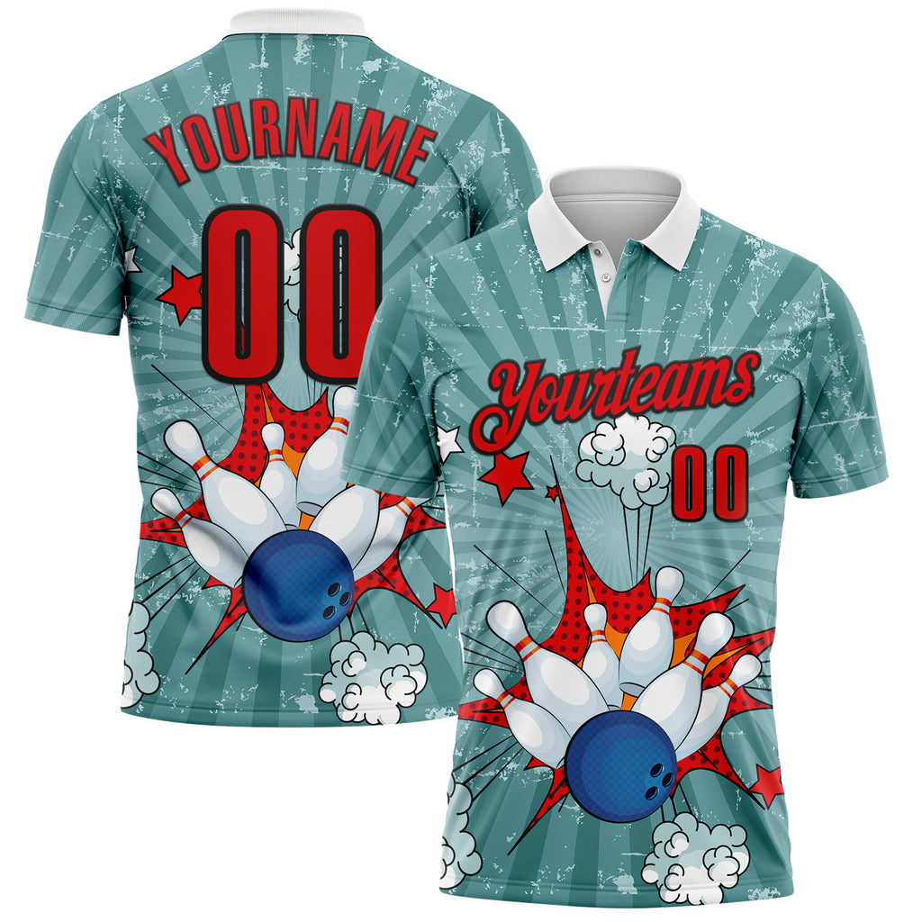 Custom Shadow Blue Fire Red-Black Bowling Ball And Pins Strike Performance Polo Shirt