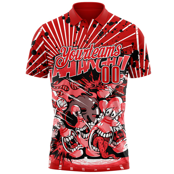 Custom Red Fire Red White-Black Bowling Strike Funny Performance Polo Shirt