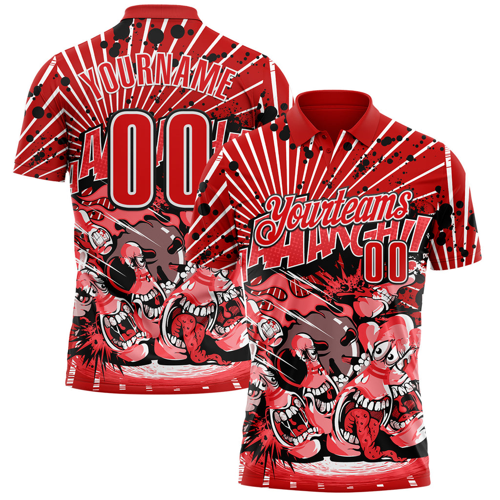 Custom Red Fire Red White-Black Bowling Strike Funny Performance Polo Shirt