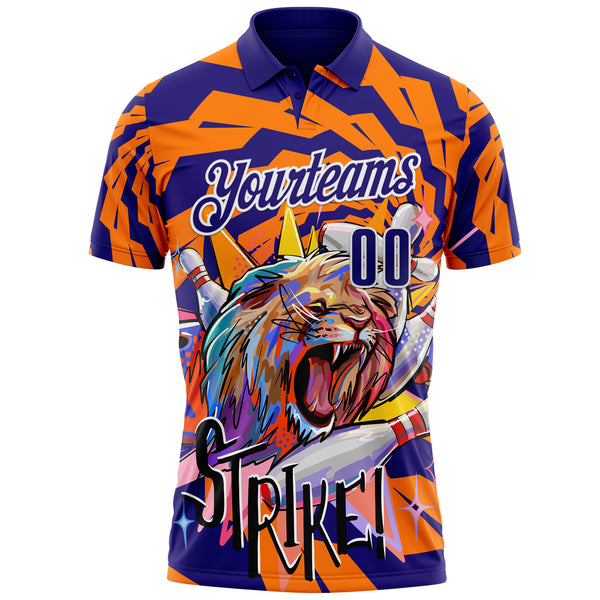 Custom Dark Purple Orange-White Bowling Ball And Pins Strike Lion Performance Polo Shirt