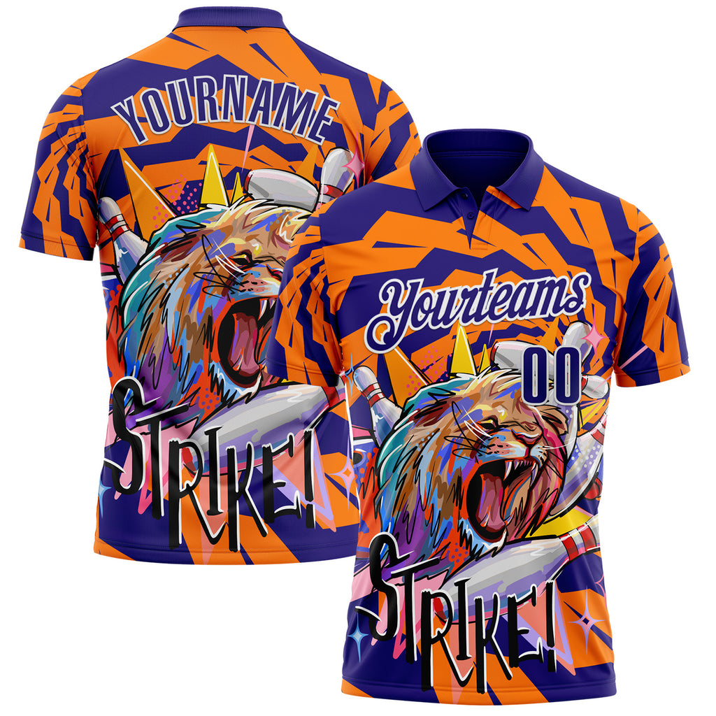 Custom Dark Purple Orange-White Bowling Ball And Pins Strike Lion Performance Polo Shirt