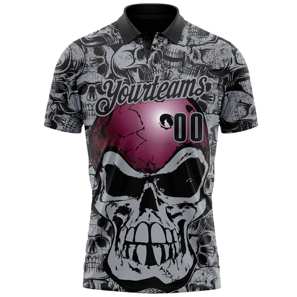 Custom Black-Gray Bowling Ball Strike Skull Performance Polo Shirt