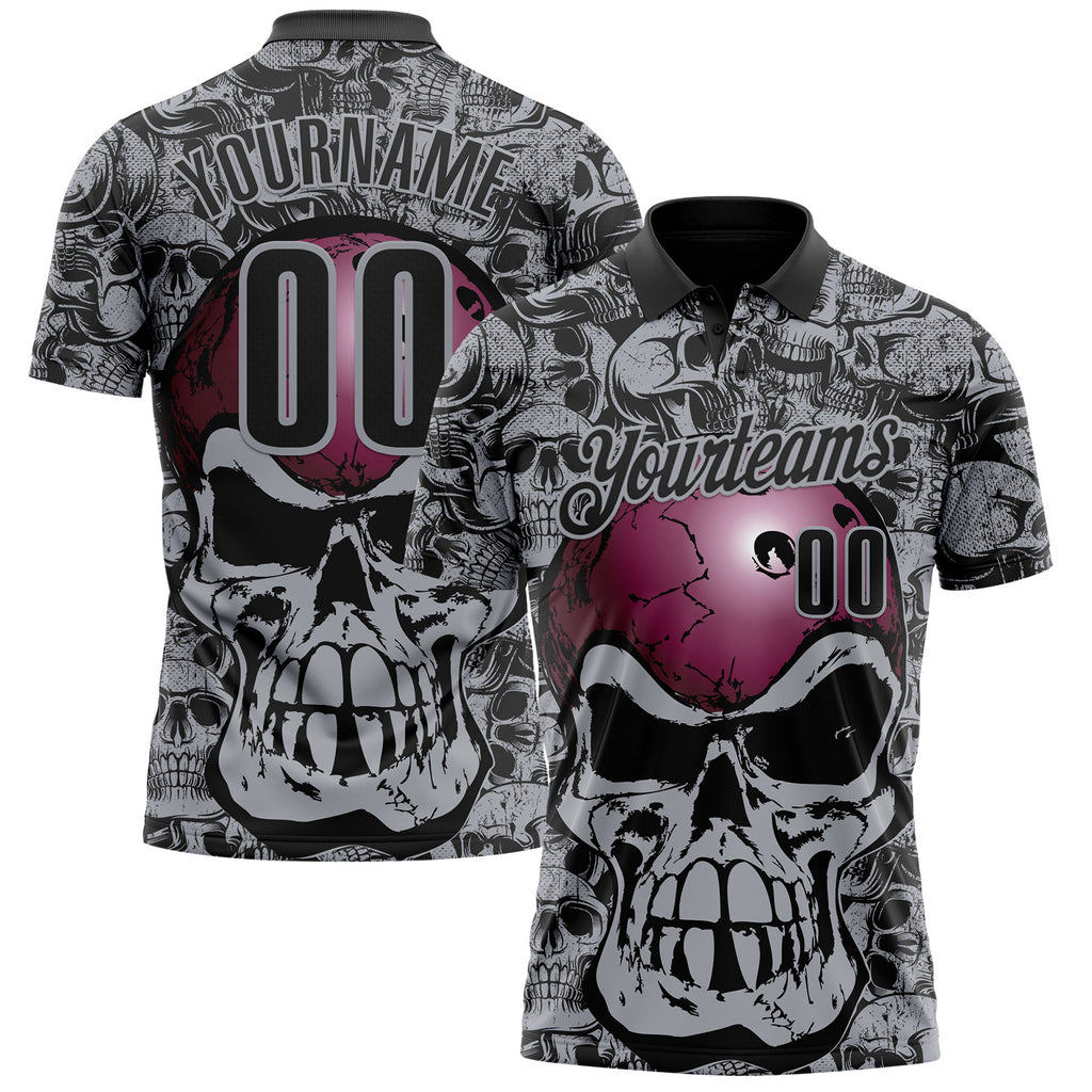 Custom Black-Gray Bowling Ball Strike Skull Performance Polo Shirt