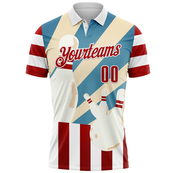 Custom White Red-Shadow Blue Bowling American Flag Performance Polo Shirt