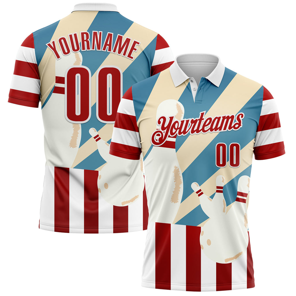 Custom White Red-Shadow Blue Bowling American Flag Performance Polo Shirt