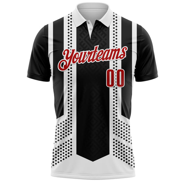 Custom Black Red-White Bowling Ball And Pins Strike Stars Performance Polo Shirt