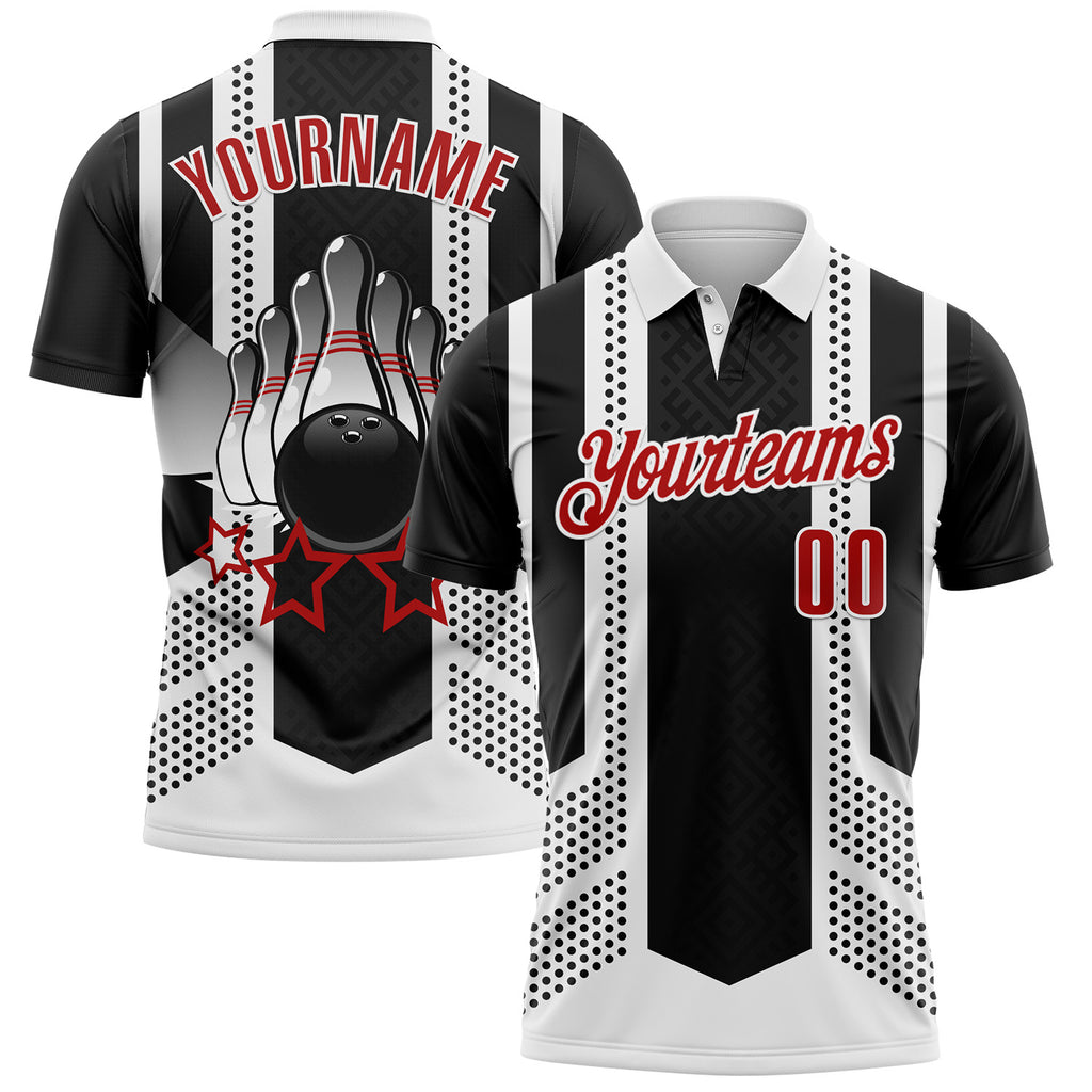 Custom Black Red-White Bowling Ball And Pins Strike Stars Performance Polo Shirt