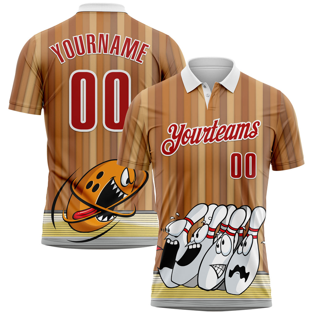 Custom Brown Red-White Bowling Strike Funny Performance Polo Shirt