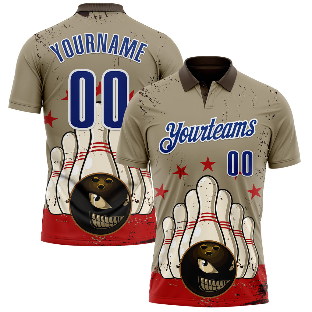 Custom Brown Royal-White Bowling Ball And Pins Strike American Inspired Performance Polo Shirt