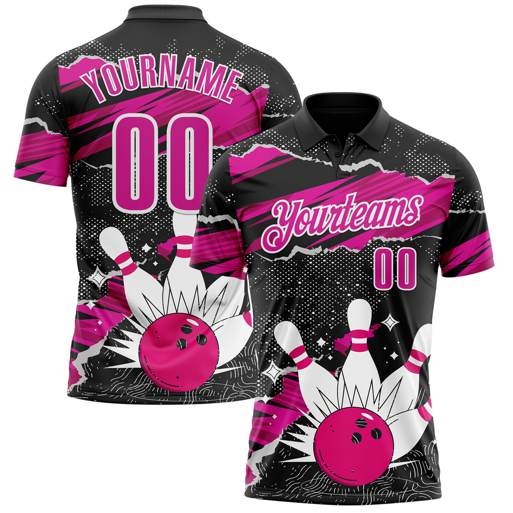 Custom Black Deep Pink-White Bowling Ball And Pins Strike Performance Polo Shirt