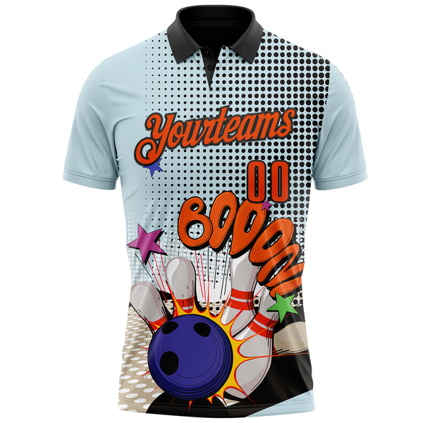 Custom Blue Orange-Black Bowling Ball And Pins Strike Performance Polo Shirt