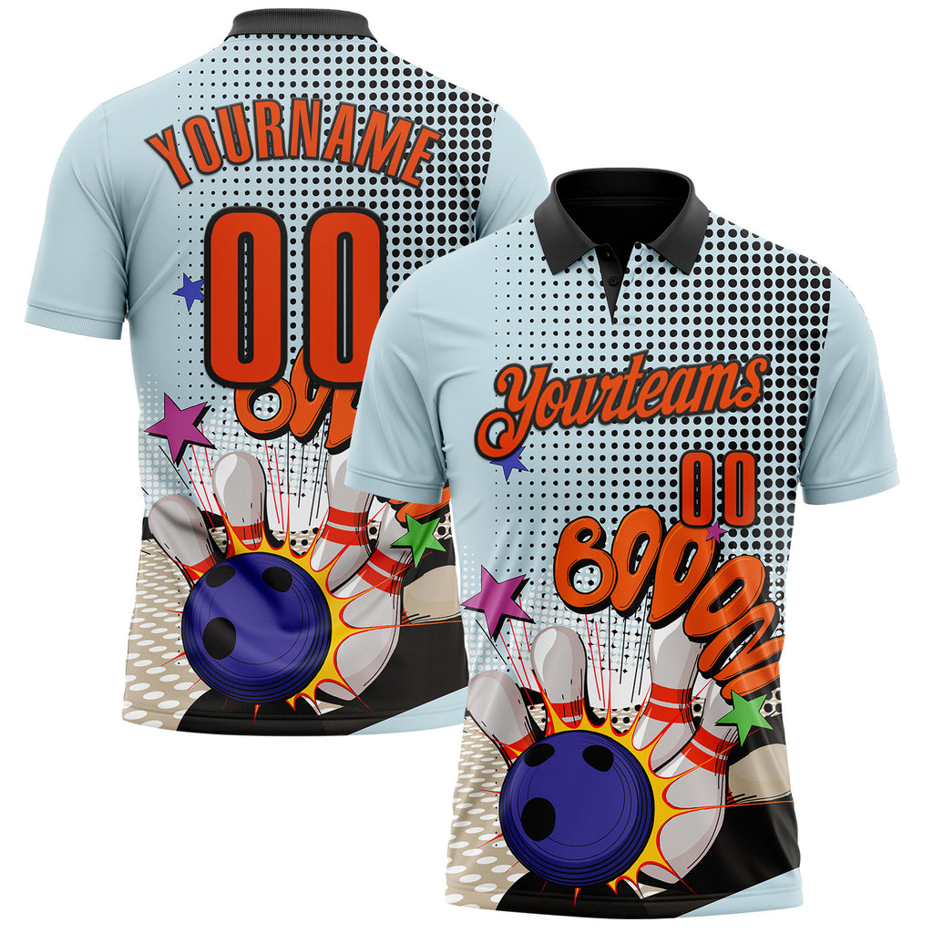 Custom Blue Orange-Black Bowling Ball And Pins Strike Performance Polo Shirt