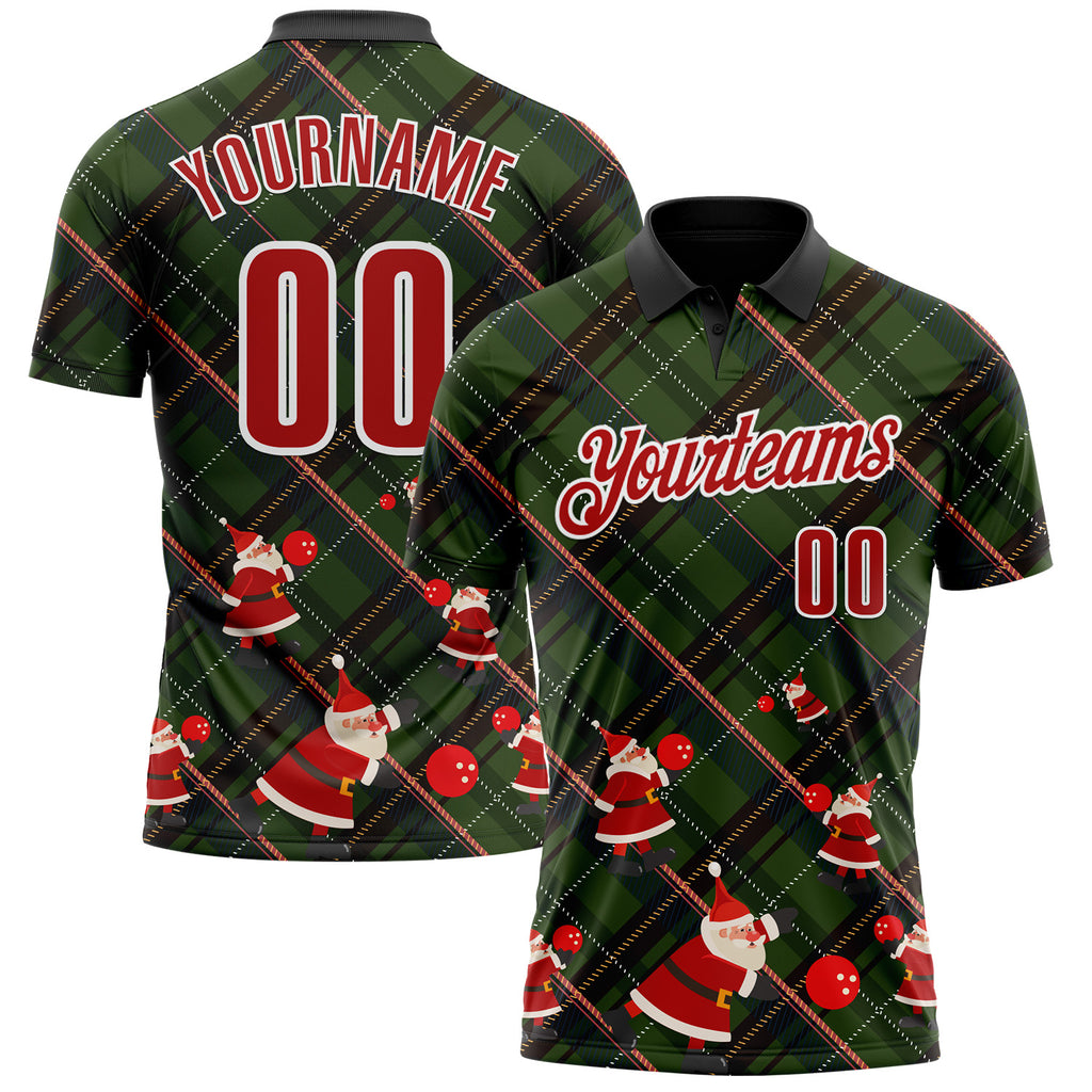 Custom Black Red Green-White Bowling Ball Christmas Santa Claus Performance Polo Shirt