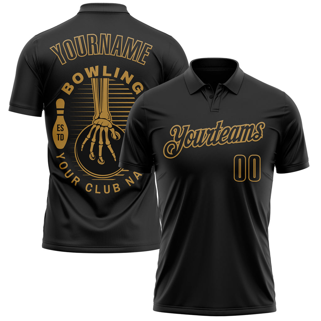 Custom Black-Old Gold Bowling Club Vintage Performance Polo Shirt