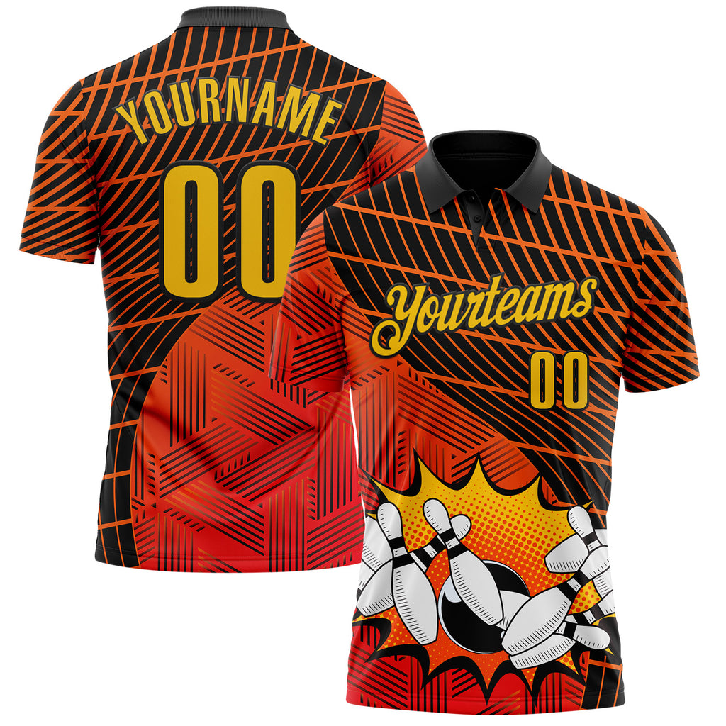 Custom Red Yellow-Black Bowling Ball And Pins Strike Performance Polo Shirt