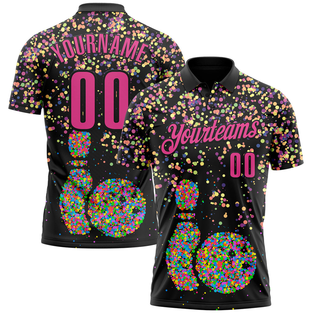 Custom Black-Pink Bowling Ball And Pins Chromatic Performance Polo Shirt