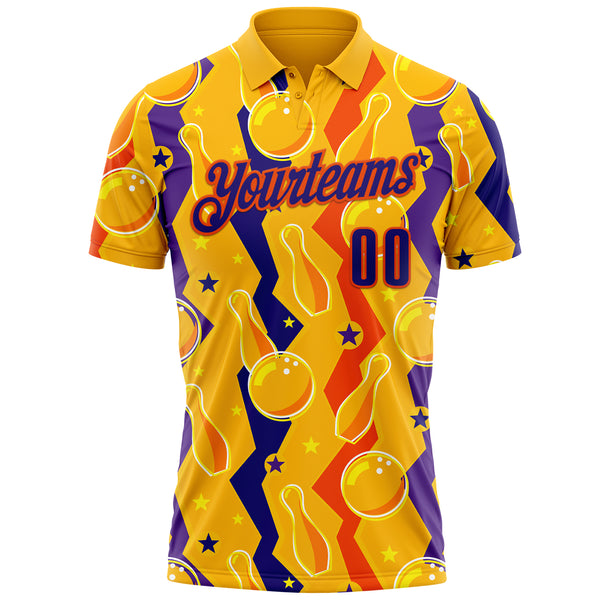 Custom Gold Dark Purple-Orange Bowling Ball And Pins Performance Polo Shirt
