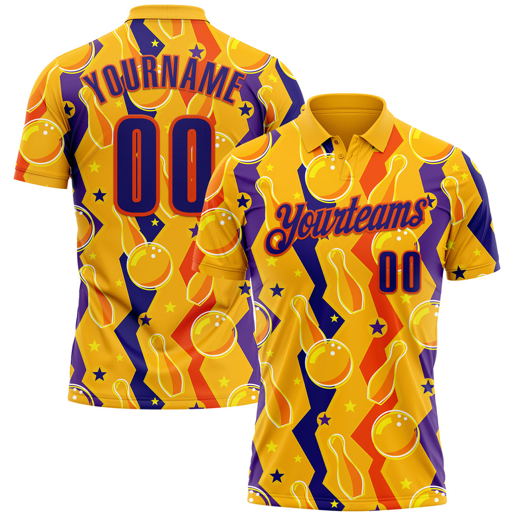 Custom Gold Dark Purple-Orange Bowling Ball And Pins Performance Polo Shirt