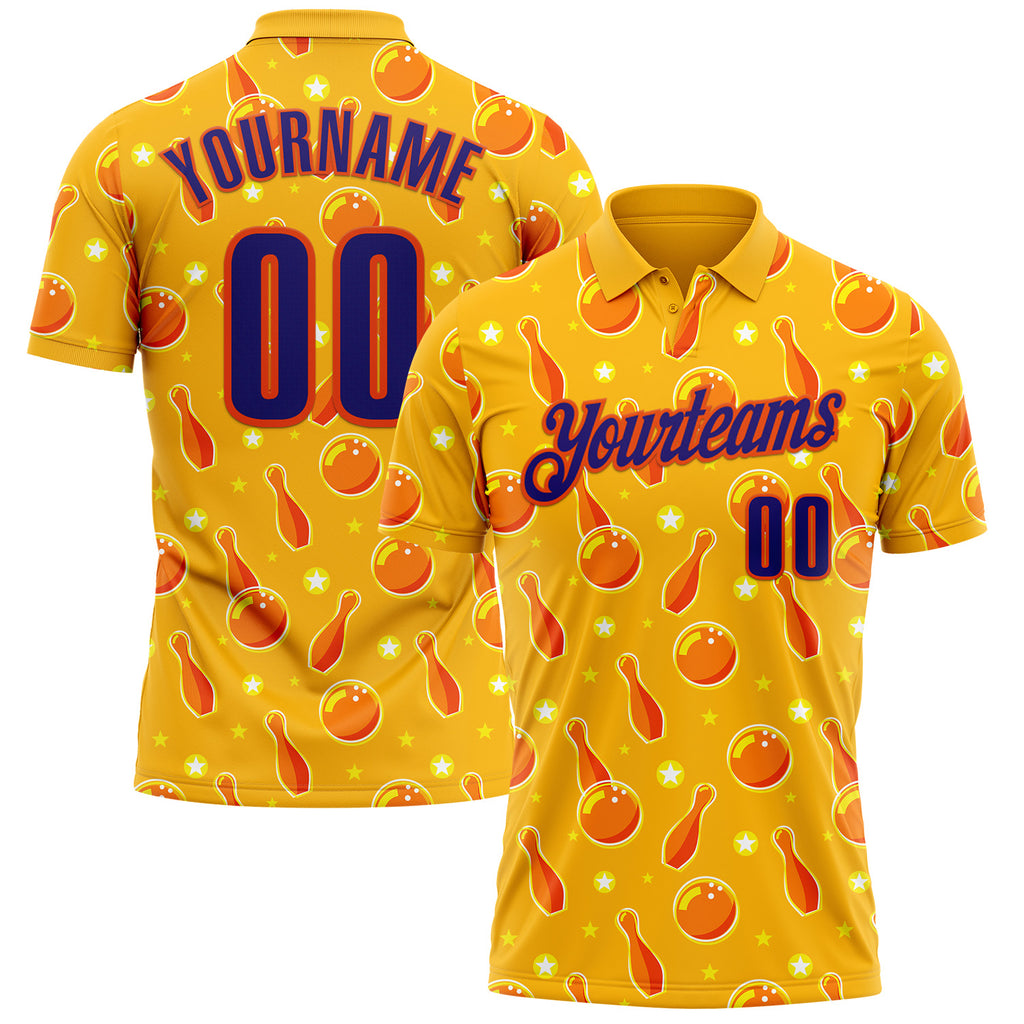 Custom Gold Dark Purple-Orange Bowling Ball And Pins Performance Polo Shirt