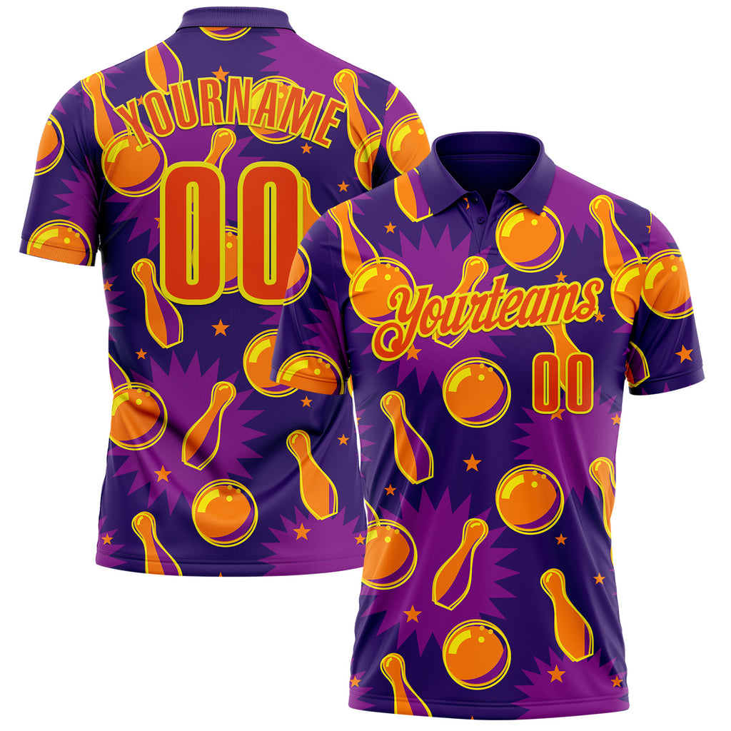 Custom Purple Orange-Light Yellow Bowling Ball And Pins Performance Polo Shirt