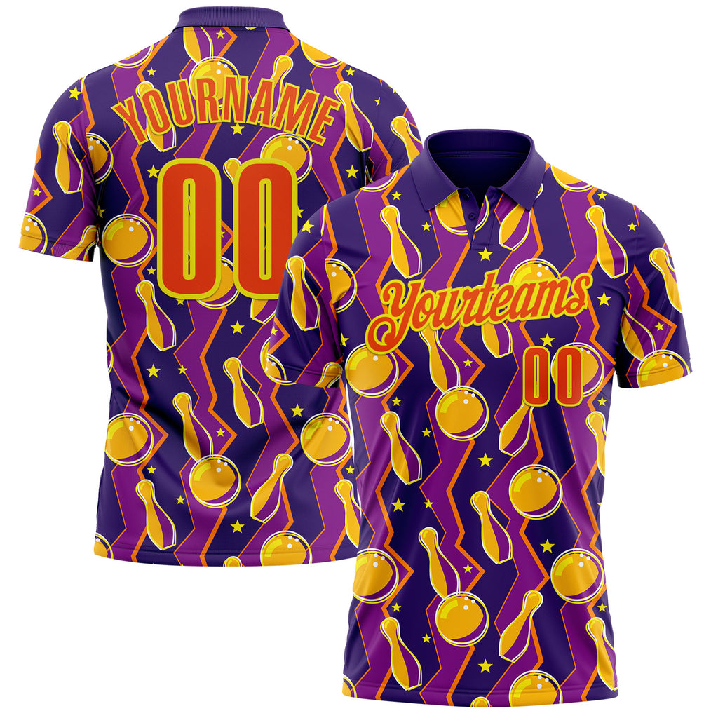 Custom Purple Orange-Light Yellow Bowling Ball And Pins Performance Polo Shirt