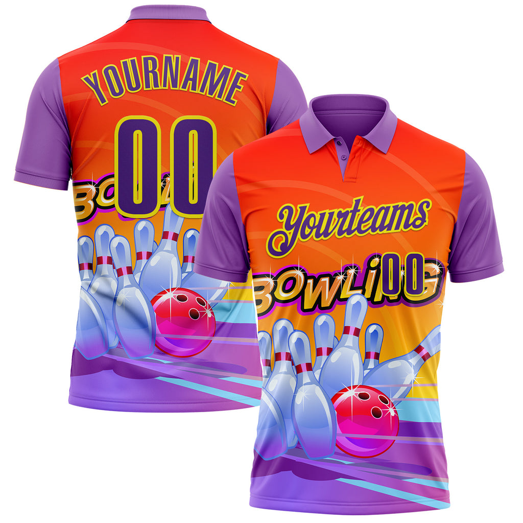 Custom Medium Purple Purple Orange-Light Yellow Bowling Ball And Pins Strike Performance Polo Shirt