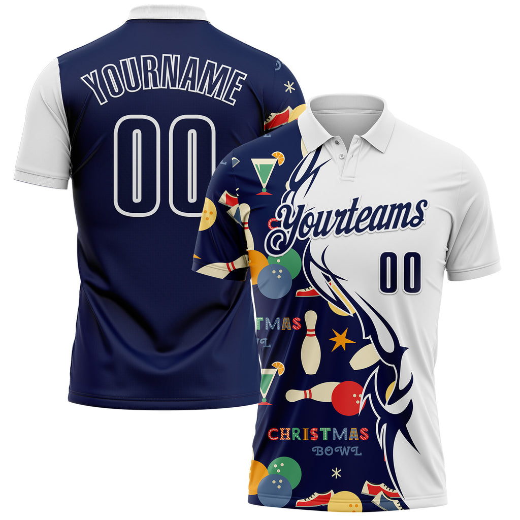 Custom White-Navy Bowling Ball And Pins Christmas Performance Polo Shirt