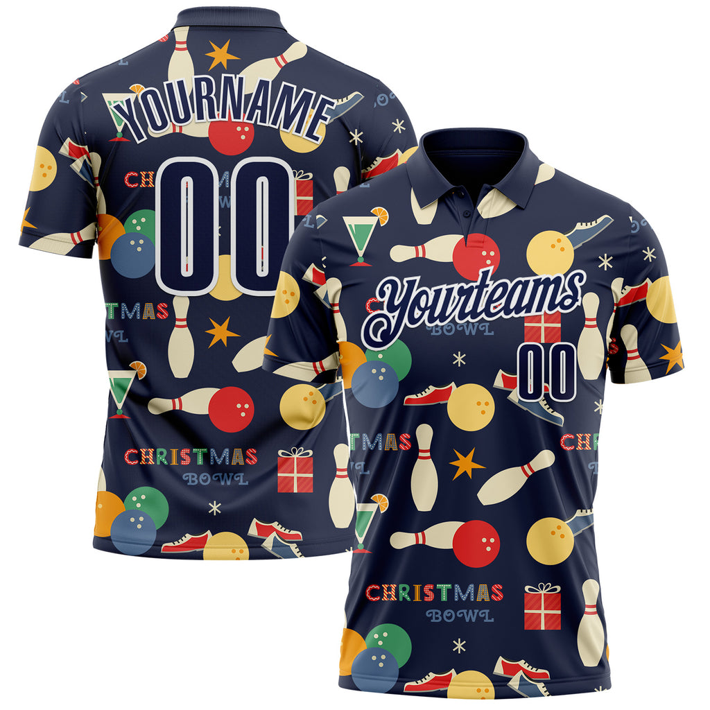 Custom Navy-White Bowling Ball And Pins Christmas Performance Polo Shirt