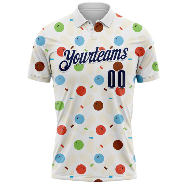 Custom White-Navy Bowling Ball And Pins Performance Polo Shirt