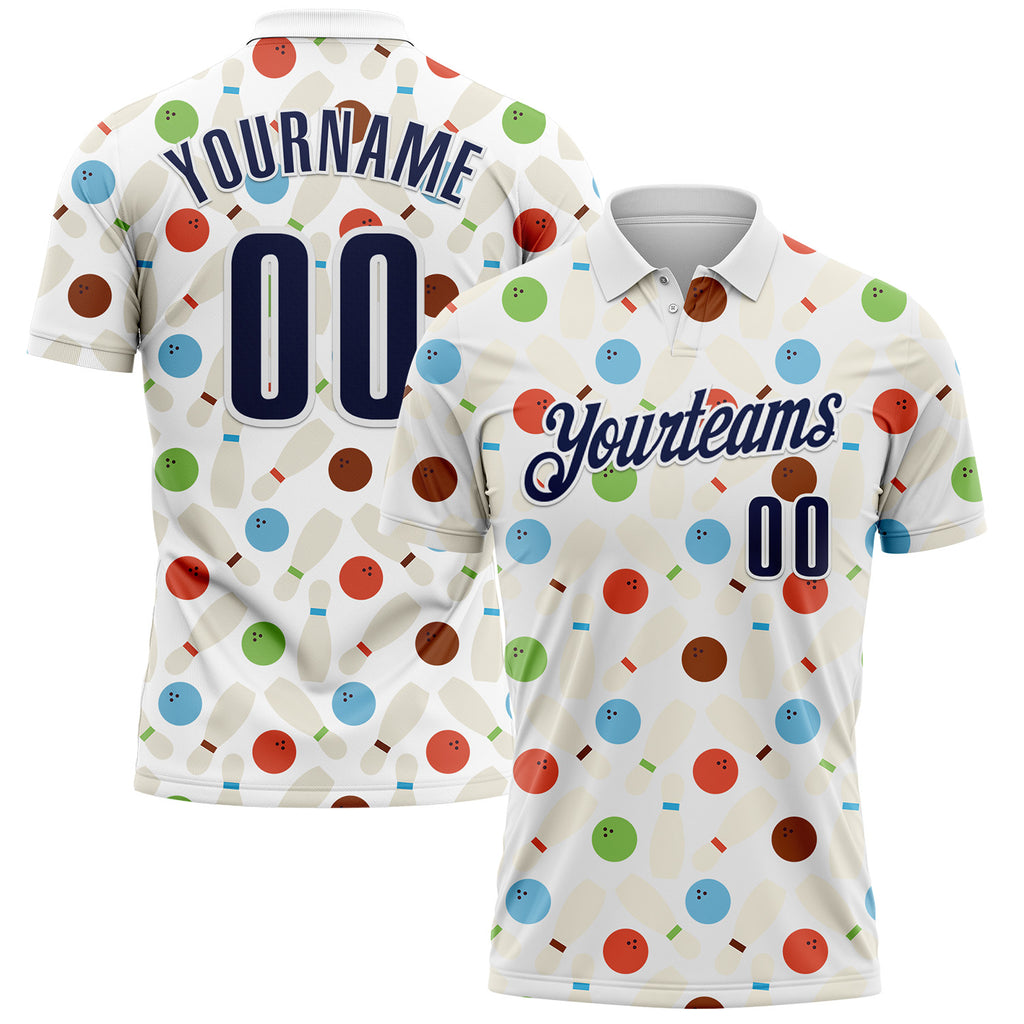 Custom White-Navy Bowling Ball And Pins Performance Polo Shirt